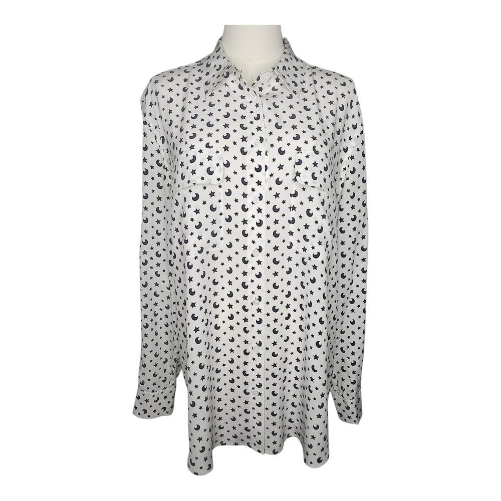 Equipment Femme Silk Moon & Stars Blouse White Black Celestial Button Down L